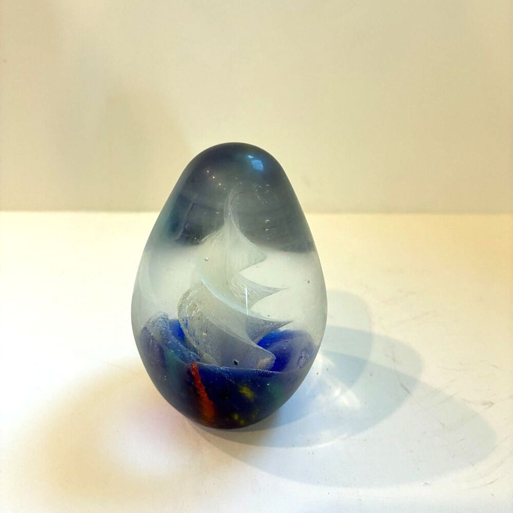 Vintage Art Glass Sailboat Paperweight, Blue Hand Blown Glass Sculpture